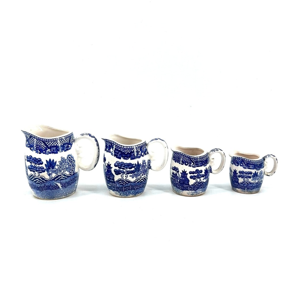 SET of 4 BLUE WILLOW Liquid Measuring Cups / Small Pitchers in Graduated Sizes
